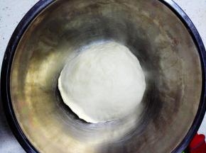 取出和好的面团，揉匀后，放入盆内，盖上保鲜膜，放入冰箱冷藏发酵至2-2.5倍大小，约22小时