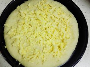 定型好的披萨胚取出，微凉后，在表面撒一层马苏里拉