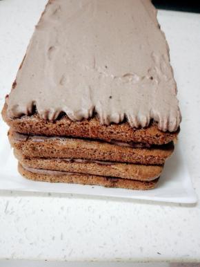 然后再叠上一个蛋糕胚，重复上一步的动作，四个蛋糕胚全部完成