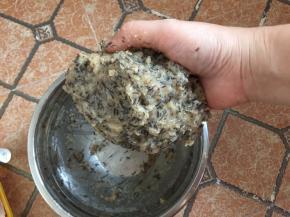 然后抓起鱼泥从高处往打蛋盆里用力甩打，反复50来次