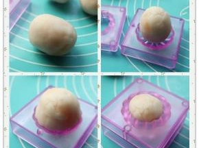 取一个包好的饼皮月饼，搓成略微细一点的圆柱，光滑的一头放入有花纹那一半模子里，按压出花纹，把上面整理一下，再扣上另一半模子，压紧就好了。