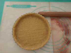 把面片放入模具，用手整理好，整个和模具贴合，并去年多余的边，用叉子在底部叉一些孔。