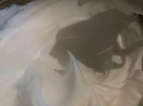 .最终将蛋白打发到湿性发泡的状态（提起打蛋器后，蛋白拉出弯曲的尖角）就可以了，