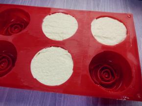 将乳酪奶油酱挤入花型模具底部，中间挤少许果酱，用乳酪奶油酱填满，表面刮平，入冰箱冷冻