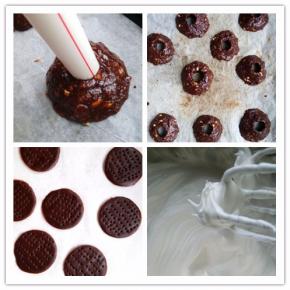 找一块儿比手指稍粗的管子，将上一步调好的混合物堆在周围，形成锥形小土堆的样子，抽掉管子。入预热好的烤箱中层，上下火170度烤20分钟左右，取出晾凉备用。第二步，制作底托。根据普通的可可黄油饼干做法，切出与“土堆”底部大小相当的形状，烤好晾凉备用。 第三步，制作土拨鼠。蛋清加柠檬汁，分三次加入辅料中的细砂糖，打到9分发。