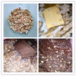 第一步先制作“小土堆”。先将花生洗净，入烤箱中层，上下火150度烤30分钟左右，中途晃动翻面两次。冷却后搓去外皮，用刀背压碎。牛奶温热后，撒入燕麦片拌匀后加入黄油，糖，小火融化后搅拌均匀。加入可可粉、巧克力酱和花生碎拌匀。搅成这样粘稠但不粘手，有光泽的混合物。