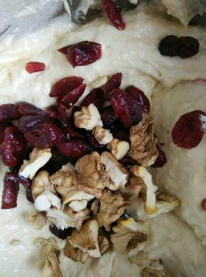 倒入蔓越莓干和核桃仁，如果蔓越莓干和核桃仁太大可以提前切成小块儿