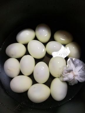 将鸡蛋重新放回锅里，放入装好的卤料，盐和老抽，放入适当的水，按煮饭键，将卤汁的味道焖出来。