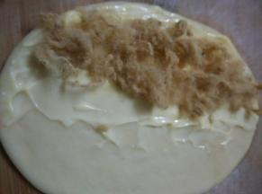 在沙拉酱上放肉松