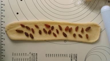 再次擀长后摆上葡萄干，然后从上往下卷起，卷好的圈数宜2.5个圈