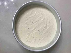 把蛋糕糊倒入十寸模具里，用刮刀刮平，拿起来震几下，把气泡震出来。