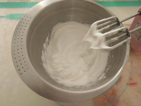 蛋清中加入细砂糖，用电动打蛋器打至湿性偏干状态。