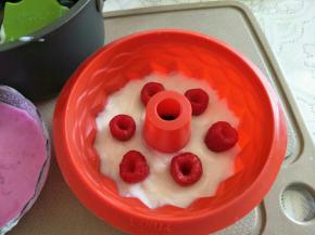 1.取出奶冻模具，可以放入水果块。
2.火龙果奶液搅匀，同样的方法放入小锅小火加入成火龙果奶糊。
3.倒入并覆盖奶冻，并让火龙果奶糊平整。
4.放入冰箱30分以上。