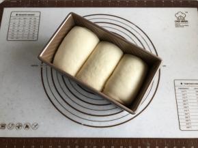 发至模具8分满时取出，此时烤箱选择吐司程序，上管调节140度下管调节165度，开始预热。