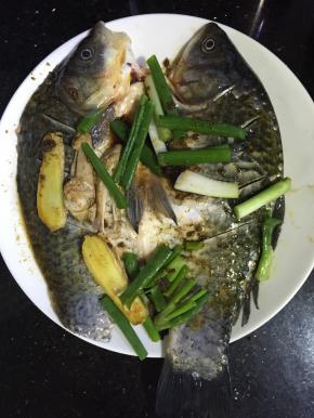 鲫鱼切开肚去掉内脏，洗净，切成两片不要切断，将盐，料酒，姜片，葱段，孜然粉均匀涂在鱼的表面腌制1-2小时入味