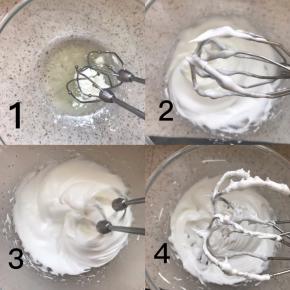 打发蛋白：42克蛋白和蛋白粉2克细砂糖20克，低速打至干性发泡，提起有非常小的尖角，说明蛋白打的非常干性了，但是不能打过，100克糖和30克水，最小火加热至118度，分5-7次把糖浆倒入蛋白中，边倒边低速打，全部倒完后，大约打一分多种，蛋白非常细腻，此时盆壁是温的不烫