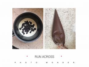 准备夹馅：巧克力选择可可脂稍微高的又不太甜的，我用的是法芙娜，和淡奶油一起，隔水小火煮至巧克力融化，但是不要完全融化留点硬心，用奶油余温来融化硬心，搅拌至温热，放入裱花袋，冰箱冷藏至硬点