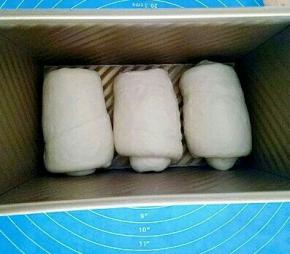 依次完成，盖上一层湿布，室温发酵或者烤箱中放一碗热水，把土司盒放入烤箱中发酵