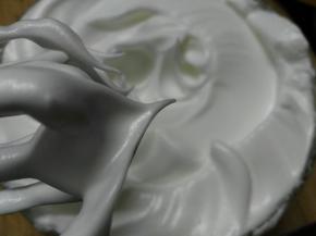 蛋白中加几滴白醋，分三次加入细砂糖，将蛋白打发至硬性发泡