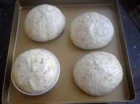 把面团放入烤箱中，按下发酵开发，并同时放入一碗开水，发酵至面团成两倍大，在表面刷上一层蛋液，撒上少许白芝麻。