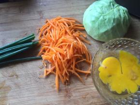 准备好食材：鸡蛋、球菜、胡萝卜、葱；