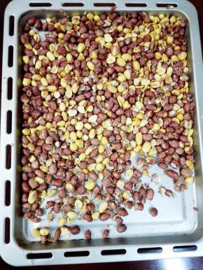 将生花生米洗净放盘子内铺平，入炸锅烤20分钟，中间取出晃一下。烤好后，去皮，稍微压碎。