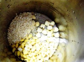 第二天将泡发的黄豆洗净放入豆浆机，再放入洗净的莲子，放入燕麦片，加水