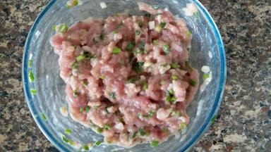 肉和调料拌均匀后，腌制着生抽 生粉 姜蒜水 葱花 适量盐一起放进肉内