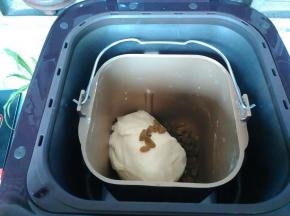 将冷藏后的中种撕成小块，加入除黄油、葡萄干、杏仁片外的其他材料，和面十分钟，再加入切成小块的黄油继续和面15分钟，放入葡萄干，和面两分钟。