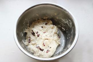 加入蔓越莓干，用刮刀拌匀，很湿粘，但是没关系，反正不用手，拌匀后，盖上保鲜膜发酵40分钟左右。