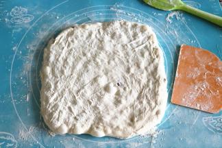 发酵完成，移到垫子上，撒粉，拍成片状。