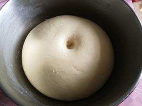 基础发酵（室温28度，60分钟），两倍或者两倍半大，手指沾面粉戳孔不回缩不反弹，即可！