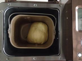 选择面包机的和面程序，默认十分钟。和好的面团留在面包机，在面包机桶上面盖上一块湿布，再盖上面包机盖，发酵1个小时