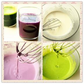 高筋粉分别加入菠菜汁，紫甘蓝汁，清水，并各自加入10克淀粉和少许盐，搅匀。要多搅一会，确保成为顺滑可以流动的状态。搅拌的过程大约要在5分钟左右，要耐心点。
绿色：菠菜汁190克 高筋粉100克 淀粉10克  盐1克
粉色：紫甘蓝汁185克 高筋粉100克 淀粉10克 盐1克
白色：水185克 高筋粉100克 淀粉10克 盐1克