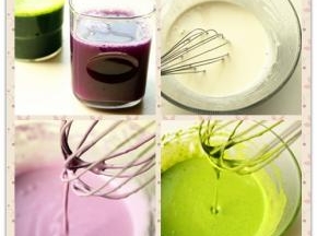 高筋粉分别加入菠菜汁，紫甘蓝汁，清水，并各自加入10克淀粉和少许盐，搅匀。要多搅一会，确保成为顺滑可以流动的状态。搅拌的过程大约要在5分钟左右，要耐心点。
绿色：菠菜汁190克 高筋粉100克 淀粉10克  盐1克
粉色：紫甘蓝汁185克 高筋粉100克 淀粉10克 盐1克
白色：水185克 高筋粉100克 淀粉10克 盐1克