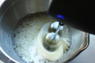 蛋白加入少许盐，几滴柠檬汁，打发到醋泡状态后加入60克白糖继续打发。