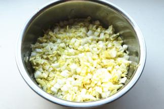 白菜切碎，加入少量盐拌匀，腌制一会，挤干水分。