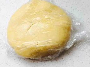 将油皮所有材料混合成团，要搜出延展性，包裹保鲜膜放置10分钟