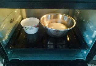 将面团整形放入容器中，在放一碗热水（防止面包表皮干），放入烤箱进行第一次发酵1个小时