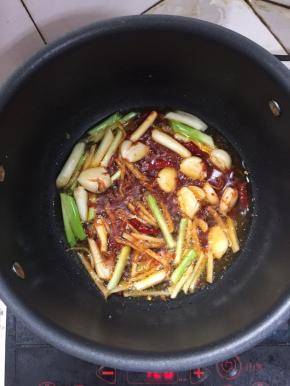 锅烧热倒入适量的油烧至六成热，放入生姜，蒜瓣，葱白，干辣椒，花椒，豆瓣酱炒出香味儿！