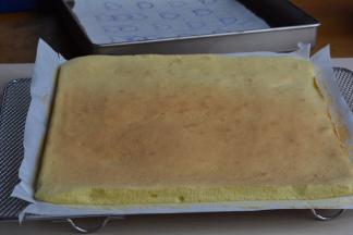 出炉后，立即将蛋糕片从烤盘中拖出来，放在晾架上，撕去周边的油纸，再在表面铺一张干净的油纸防止过度蒸发变干燥