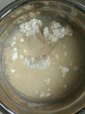 中种材料全部混合用刮刀拌匀，盖上保鲜膜常温发酵1小时后，放入冰箱冷藏一夜，可以提前一天做好。