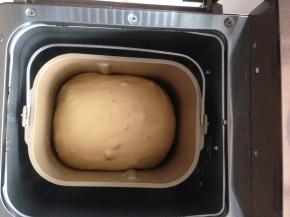和面结束，进入发酵程序，发酵时间为60分钟。在面包桶上盖一块湿布，再盖上面包机盖。图片是发酵完毕的面团。