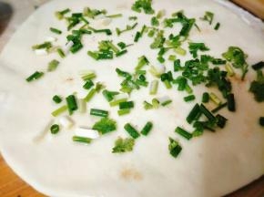 然后擀成一张圆饼，倒入少许食用油，撒上葱花、少许的盐和调料，均匀抹开；