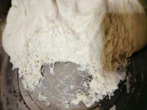 醒发好的面团呈蜂窝状，然后拿出面团揉一揉排气；