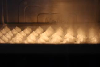 放入烤箱中层，100度70分钟，烘烤时间根据挤出的溶豆大小，合理调节时间，一般烘烤好后溶豆不沾油纸就是可以了，如果沾适当延长时间。普通烤箱提前预热。