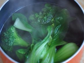 另用奶锅，水里加入盐，将胡萝卜、小油菜、西兰花煮熟。