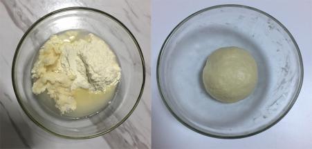 将油皮的所有材料倒入碗时里揉成团，盖上保鲜膜松弛一小时