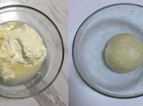 将油皮的所有材料倒入碗时里揉成团，盖上保鲜膜松弛一小时
