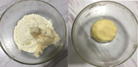 再将油酥材料放入碗里揉成团，盖上保鲜膜备用